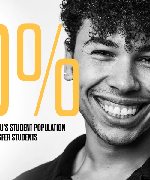 Picture of student smiling with text saying 20%, roughly 20% of NMU's student population are transfer students