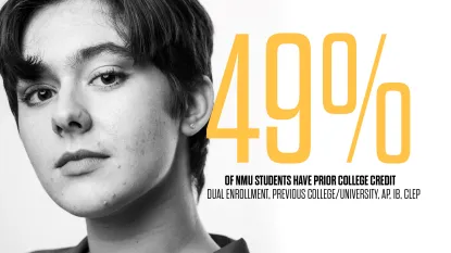 Picture of student looking at camera with text that says 49% of NMU students have prior college credit