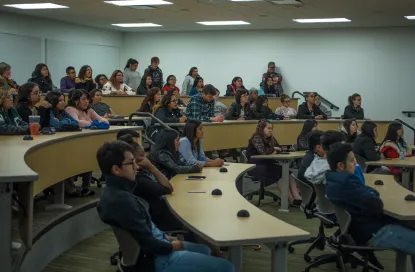 Baile Latinx Student Visit 2018: Students in classroom listening to speaker