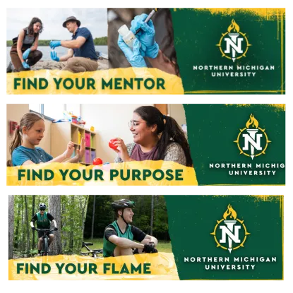 Various NMU billboard designs: Find your mentor, find your purpose, and find your flame