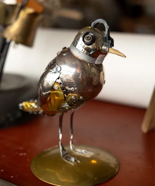 A bird from Ritch's studio made from recycled materials