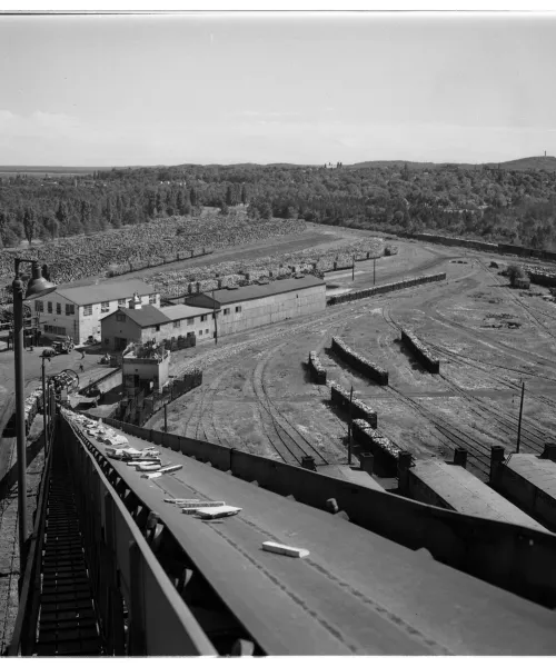 Elevated view of the sawmill at Cliffs Dow in 1949.