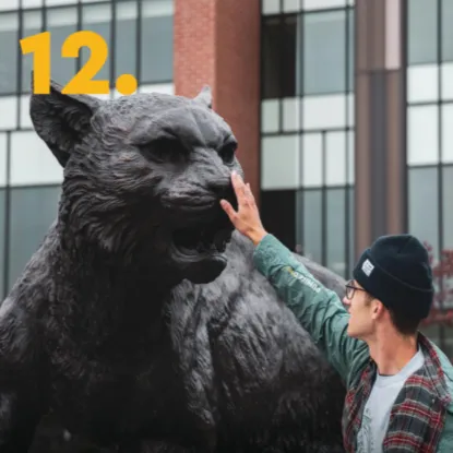Person touching a wildcat statue