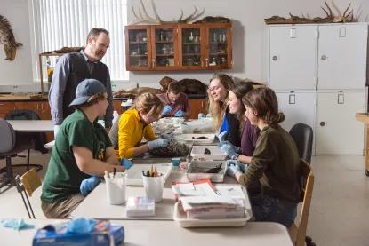 Students and professor in taxidermy lab with owl and small birds
