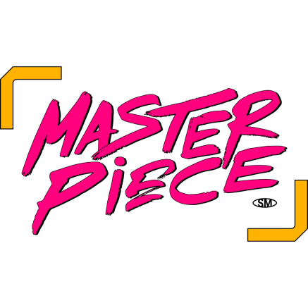 The word "masterpiece" in pink letters surrounded by yellow brackets