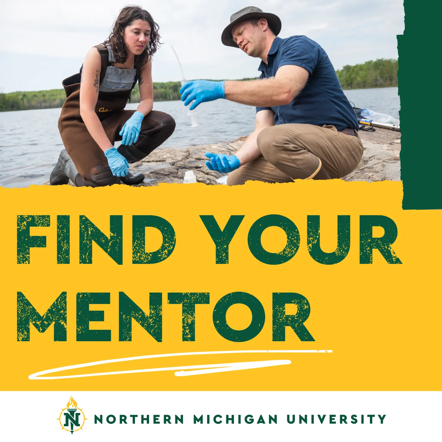 Find your mentor digital advertisement student and professor collecting water samples