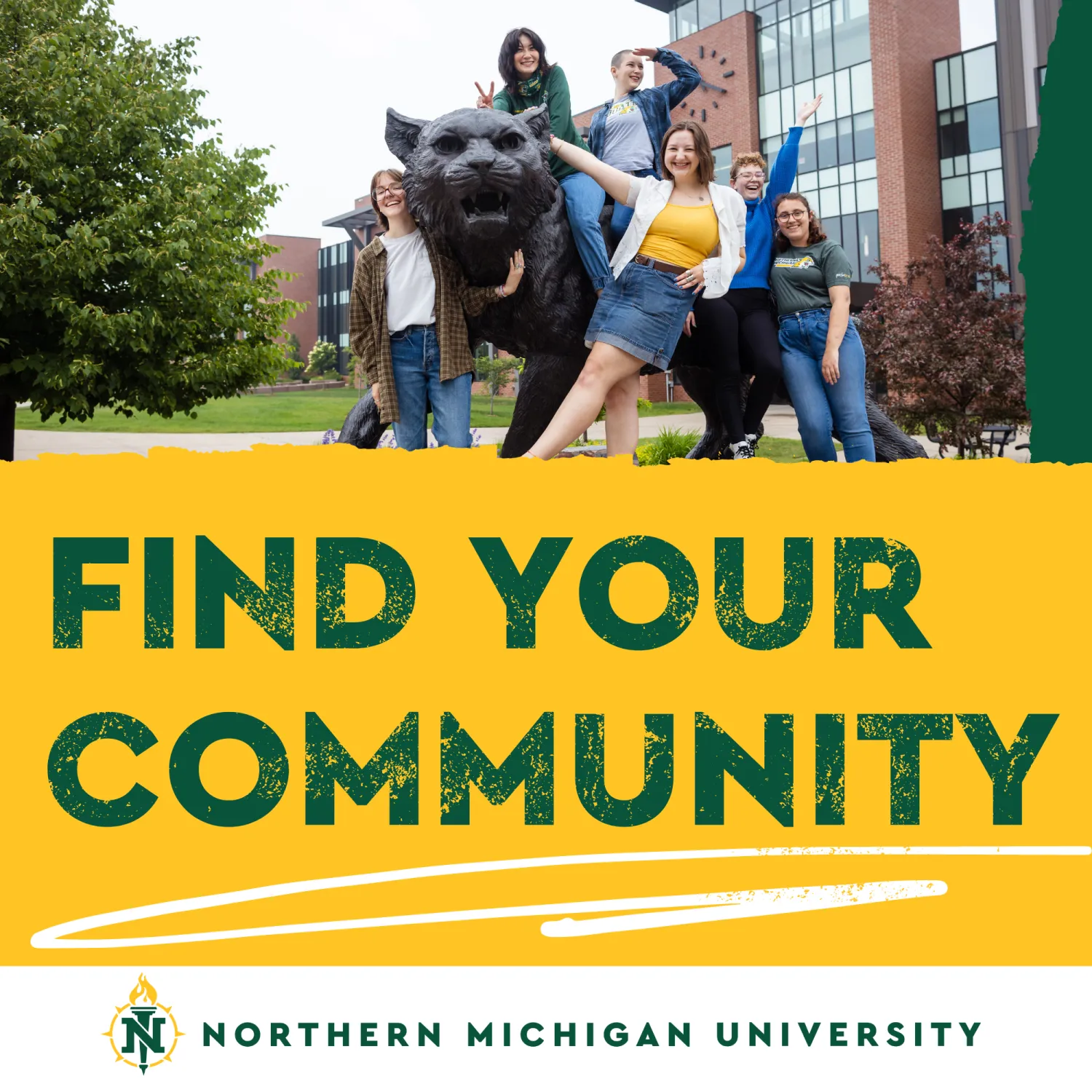 FInd Your Community ad group of students at Wildcat statue