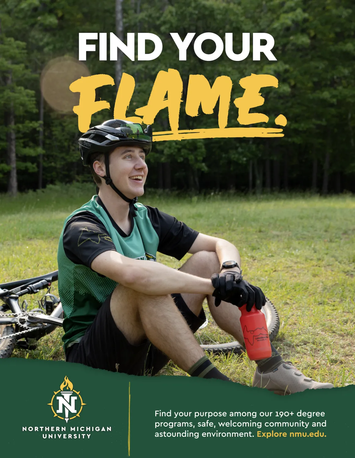 Find Your Flame poster featuring male student in bike racing gear