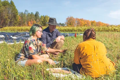 Three people sitting in a field observing plants