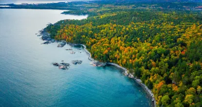 Aerial photo of Marquette's lake shore in the fall