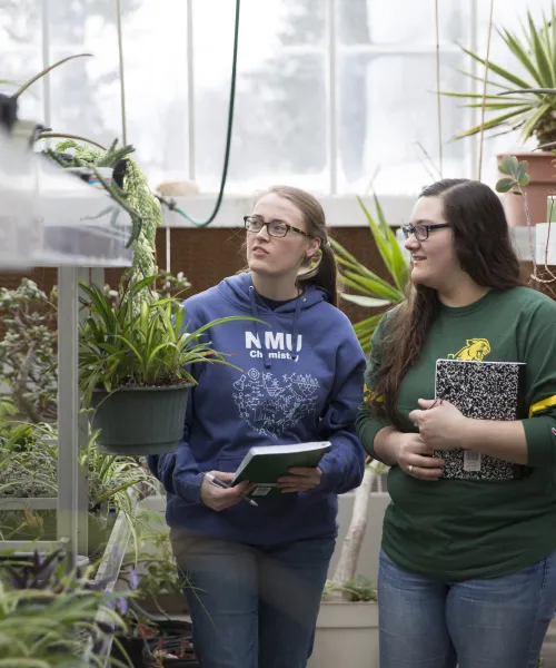 Two students examine plants in a green house